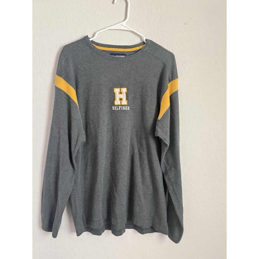 Tommy Hilfiger Y2K Varsity Long Sleeve Gray Mustard Logo Top Sz L